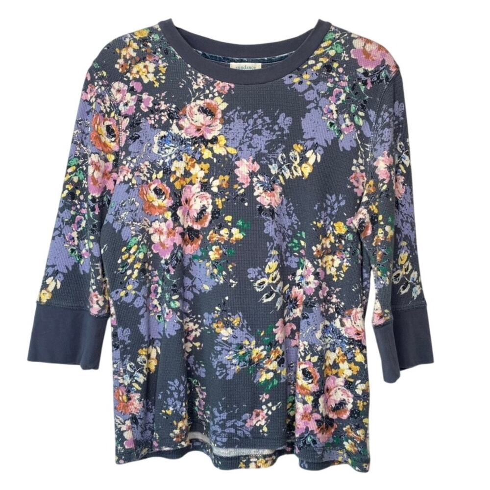 Sundance Blue Floral Waffle Knit Three Quarter Sleeve Shirt Size Petite Large
